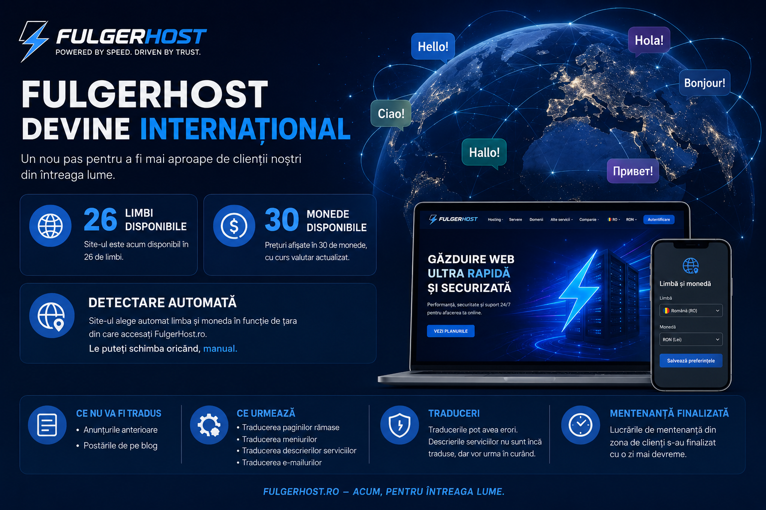 FulgerHost face un nou pas către piața internațională: site disponibil în 26 de limbi și 30 de monede